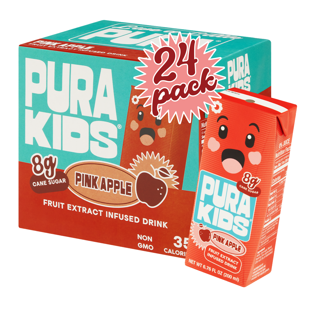 Pura Kids Pink Apple fruit extract infused drink packaging with a 24-pack box on a white background